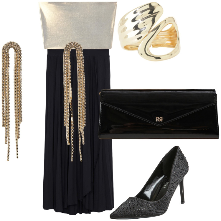 Outfit donna - Top e gonna ma wow. Stile Glamour per Serata fuori. Abbinamento con décolleté, orecchini, gonne lunghe, top, anelli, pochette.
