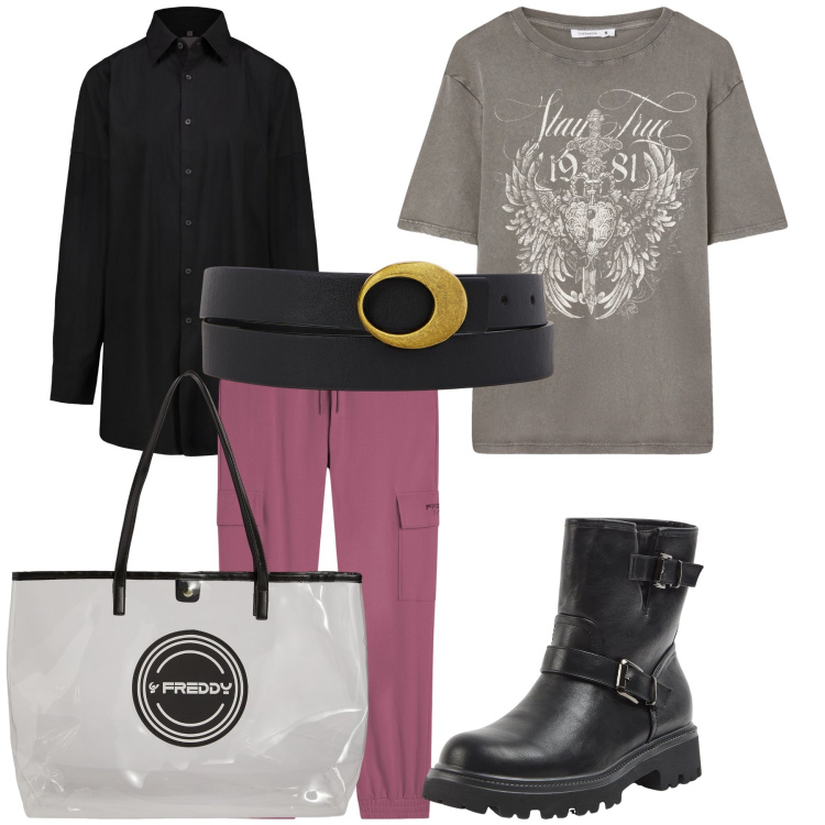 Outfit donna - Mid season sales. Stile Casual per Tutti i giorni. Abbinamento con stivaletti, t-shirt, pantaloni cargo, shopping bag, camicie, cinture.