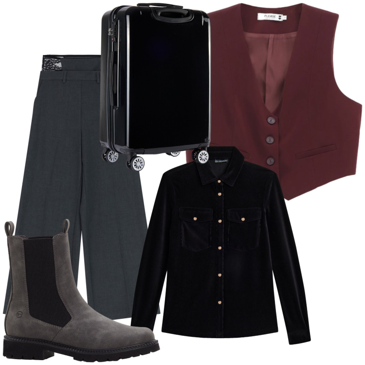 Outfit donna - Viaggio al maschile. Stile Mannish per Tutti i giorni. Abbinamento con stivaletti chelsea, gilet, pantaloni a palazzo, camicie, valigie.