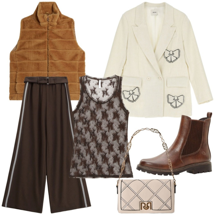 Outfit donna - Da mattina a sera. Stile Chic per Tutti i giorni. Abbinamento con stivaletti chelsea, blazer, borse a tracolla, canottiere, pantaloni a palazzo, gilet.