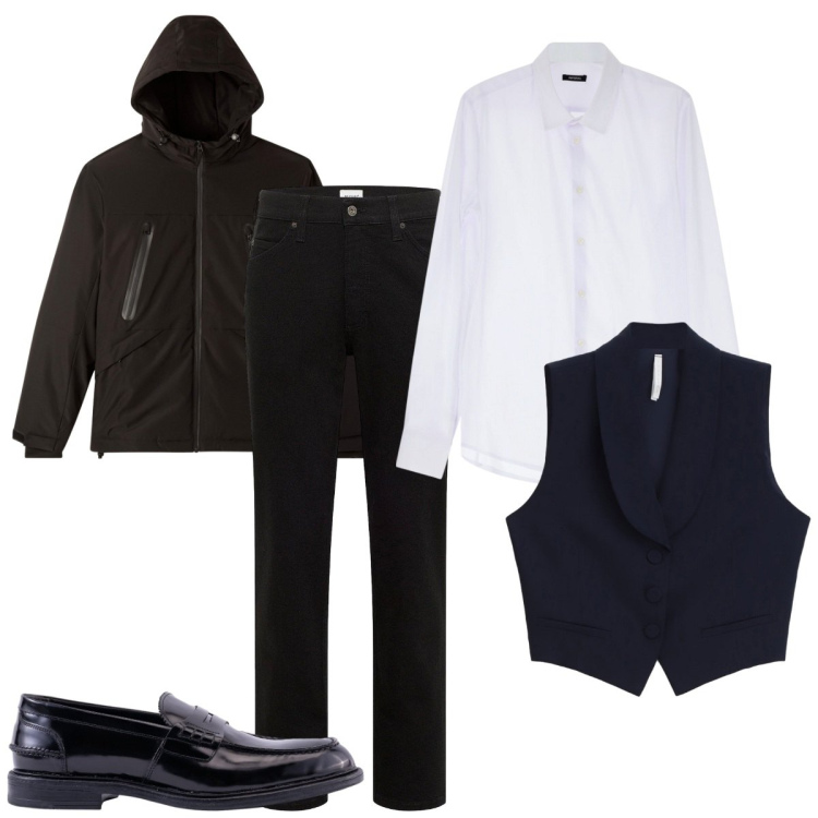 Outfit uomo - Cena di lavoro. Stile Business/Elegante per Ufficio. Abbinamento con jeans dritti, giacche, camicie, gilet, scarpe stringate.