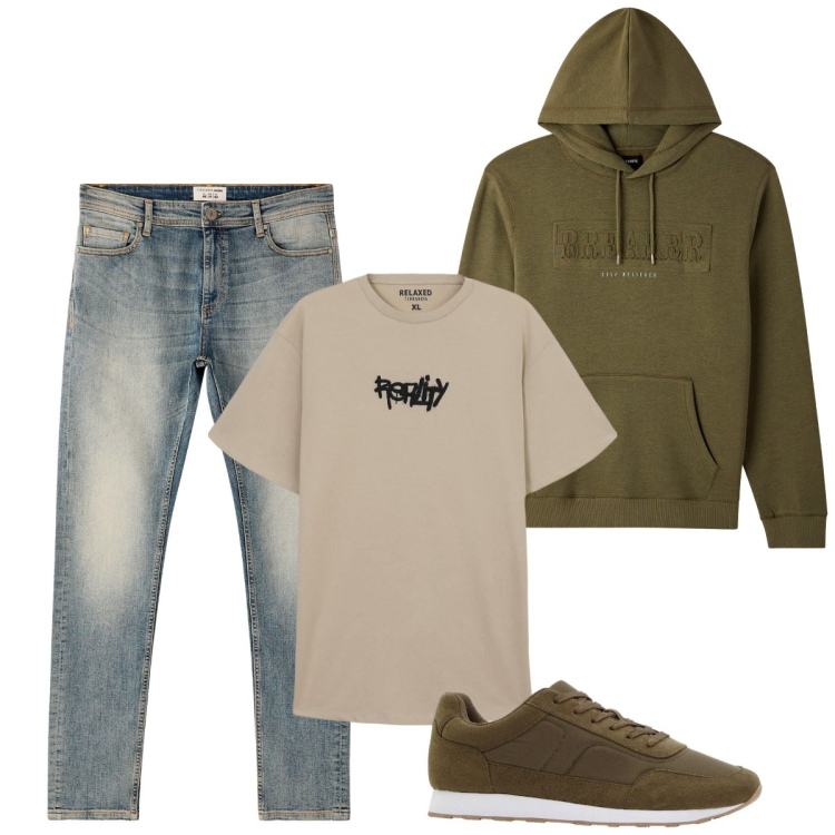 Outfit uomo - Total look #2271413. Stile Casual per Tutti i giorni. Abbinamento con sneakers, t-shirt, jeans skinny, felpe con cappuccio.
