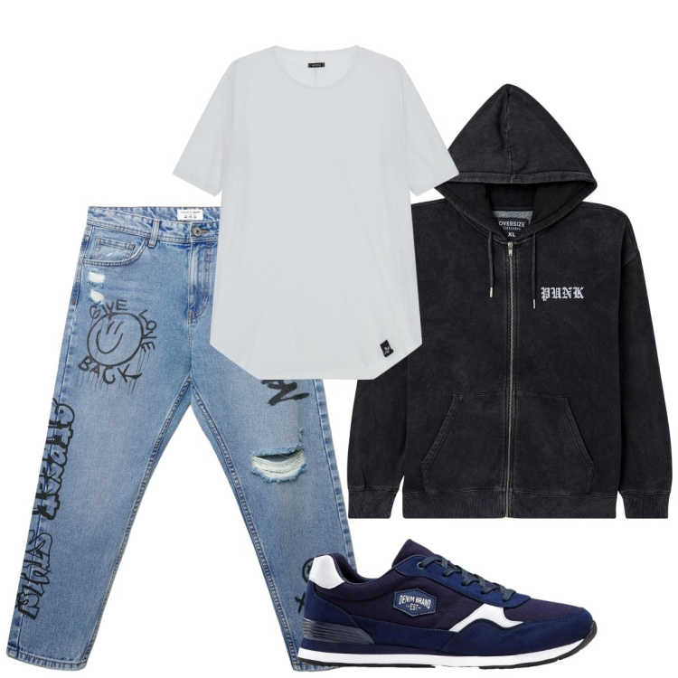 Outfit uomo - Total look #2271414. Stile Urban per Tutti i giorni. Abbinamento con sneakers, felpe con cappuccio, jeans strappati, t-shirt.