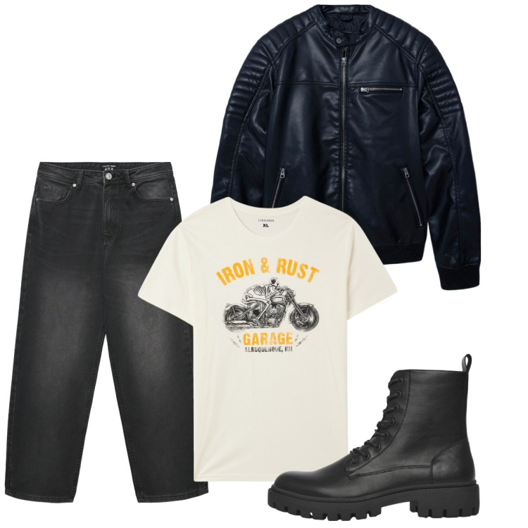 Outfit uomo - Total look #2271415. Stile Biker Rock per Tutti i giorni. Abbinamento con t-shirt, giacche, anfibi, jeans dritti.