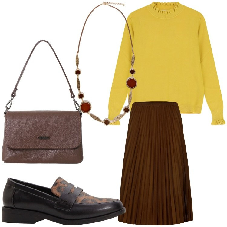 Outfit donna - Senape in autunno. Stile Casual chic per Ufficio. Abbinamento con mocassini, maglieria, borse a tracolla, gonne longuette, collane.