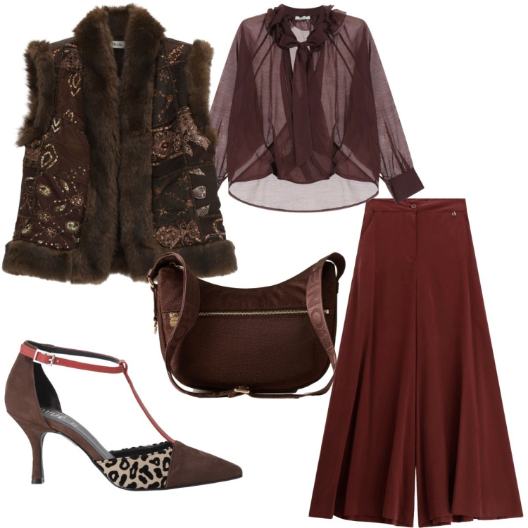 Outfit donna - W il cioccolato. Stile Casual chic per Serata fuori. Abbinamento con pantaloni a palazzo, décolleté, gilet, bluse, borse a spalla.
