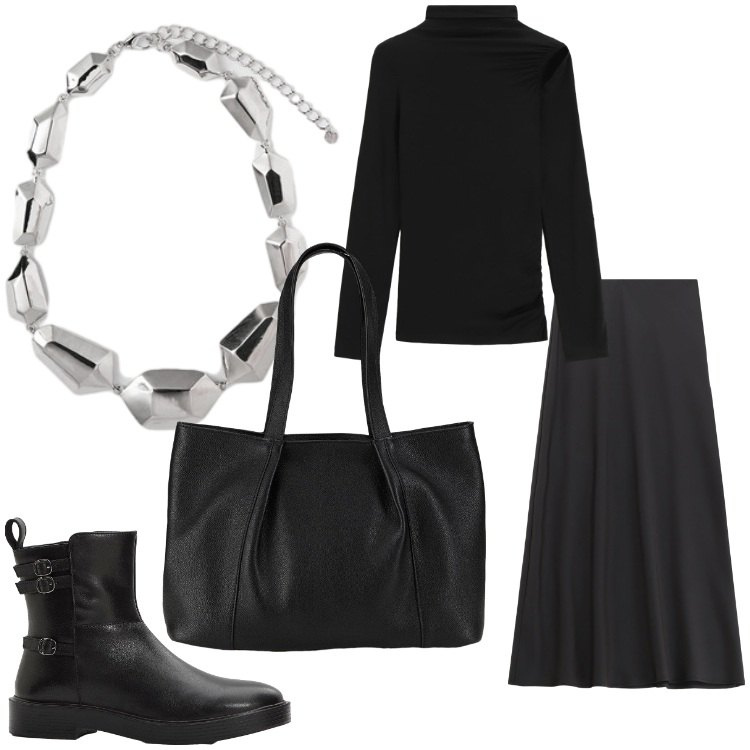 Outfit donna - Black and silver. Stile Rock per Serata fuori. Abbinamento con shopping bag, stivaletti, gonne lunghe, pullovers, ciondoli.