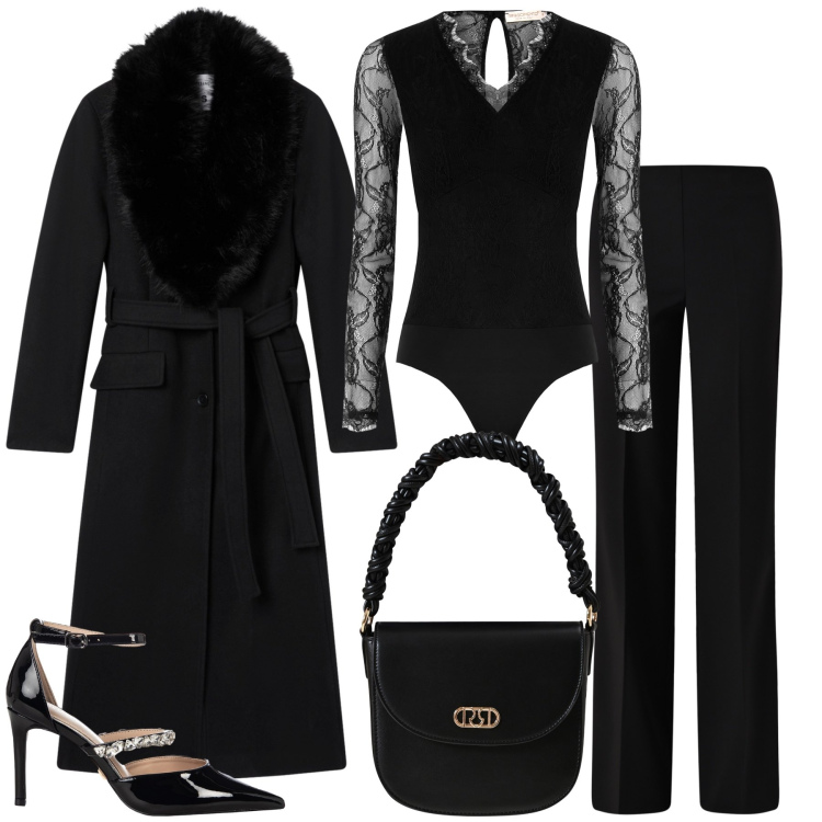 Outfit donna - Un invito a cena. Stile Glamour per Serata fuori. Abbinamento con cappotti, décolleté, pantaloni a palazzo, bluse, borse a mano.