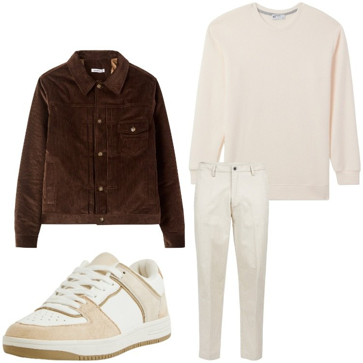 Outfit uomo - Velluto e beige. Stile Casual per Tutti i giorni. Abbinamento con sneakers, maglieria, cappotti, pantaloni.