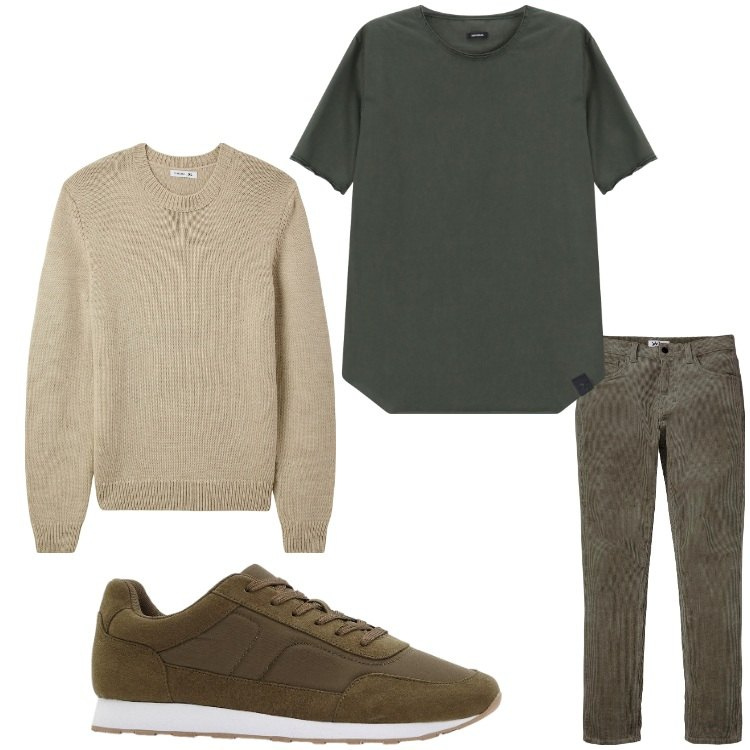Outfit uomo - I colori del bosco. Stile Casual per Tutti i giorni. Abbinamento con sneakers, pantaloni, maglieria, t-shirt.