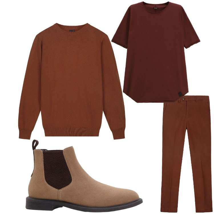 Outfit uomo - Ruggine. Stile Casual per Tutti i giorni. Abbinamento con stivali e stivaletti, t-shirt, pantaloni chino, maglieria.