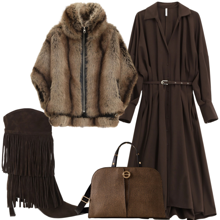 Outfit donna - Una cena informale. Stile Glamour per Serata fuori. Abbinamento con vestiti lunghi, blazer, stivali, borse a mano.