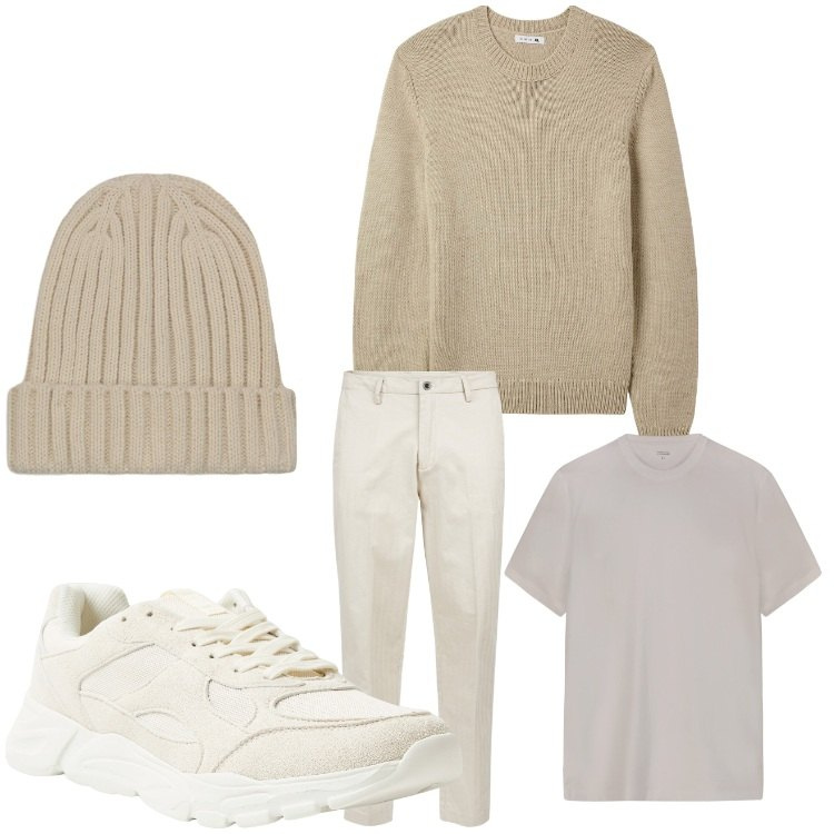 Outfit uomo - Colori neutri. Stile Casual per Tutti i giorni. Abbinamento con sneakers, maglieria, pantaloni, t-shirt, berretti.
