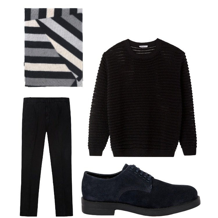 Outfit uomo - Black. Stile Casual per Tutti i giorni. Abbinamento con maglieria, sciarpe, scarpe stringate, pantaloni.