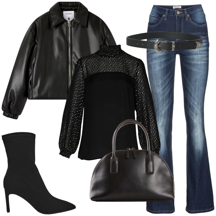 Outfit donna - Un invito per un aperitivo. Stile Casual chic per Serata fuori. Abbinamento con jeans bootcut, tuniche, shopping bag, bomber, cinture, stivali.