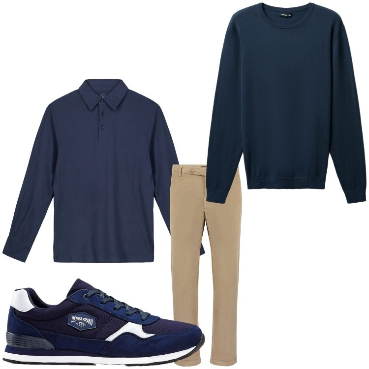 Outfit uomo - Blu e beige. Stile Casual per Tutti i giorni. Abbinamento con sneakers, maglieria, pantaloni, polo.