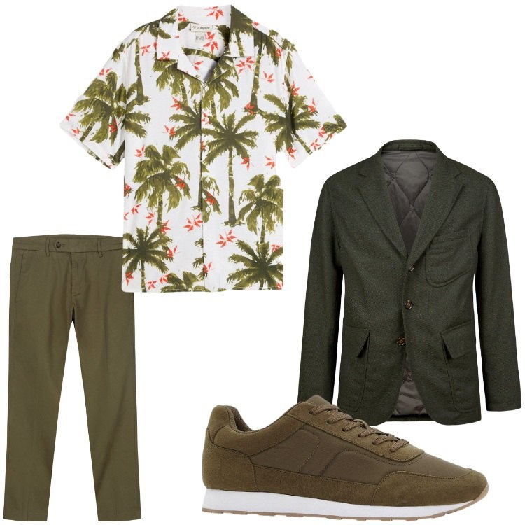 Outfit uomo - Verde e hawaii. Stile Business/Elegante per Serata speciale. Abbinamento con camicie a manica corta, sneakers, giacche, pantaloni chino.