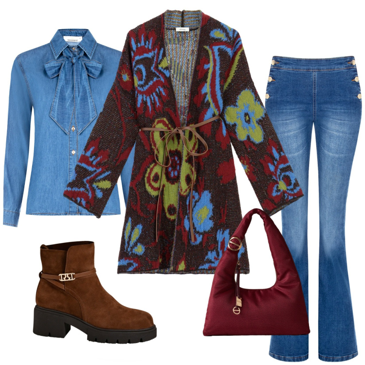 Outfit donna - Cardigan e jeans. Stile Casual chic per Tutti i giorni. Abbinamento con cardigans, borse a spalla, jeans a zampa, camicie, stivaletti.