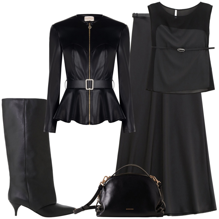 Outfit donna - Per una cena. Stile Glamour per Serata fuori. Abbinamento con stivali, borse a mano, blazer, gonne lunghe, top.