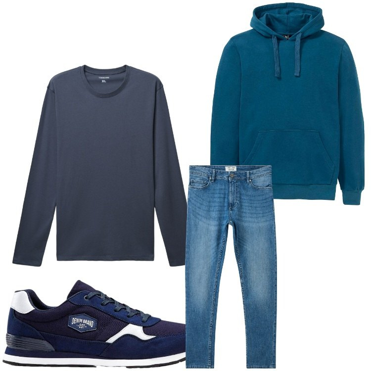 Outfit uomo - Blu. Stile Casual per Tutti i giorni. Abbinamento con felpe con cappuccio, sneakers, jeans skinny, t-shirt.