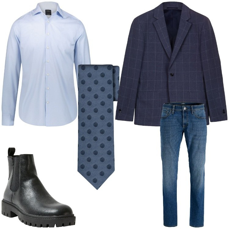 Outfit uomo - Quadri e pois. Stile Business/Elegante per Ufficio. Abbinamento con jeans, stivali e stivaletti, giacche, camicie, cravatte.