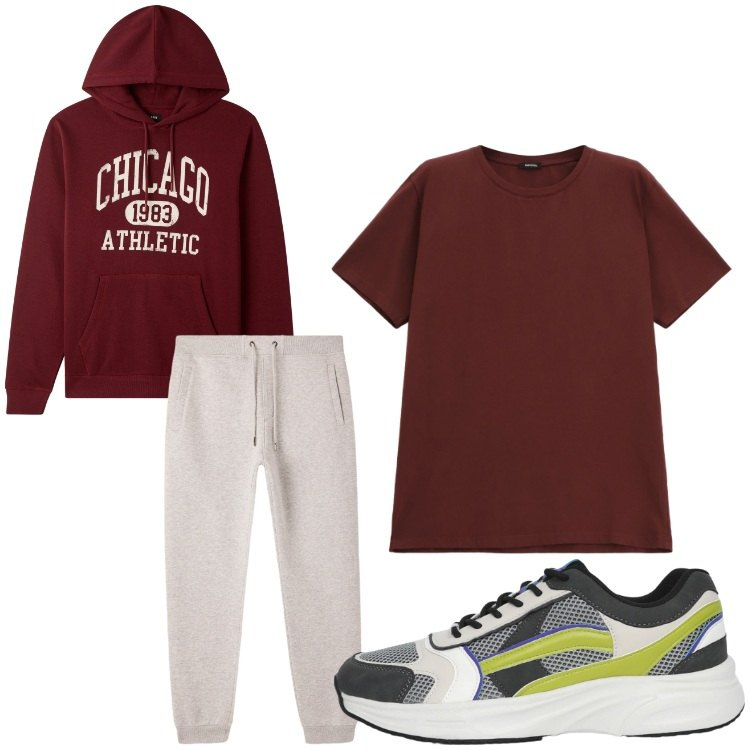 Outfit uomo - Week end di sport. Stile Casual per Sport. Abbinamento con pantaloni, felpe con cappuccio, sneakers, t-shirt.
