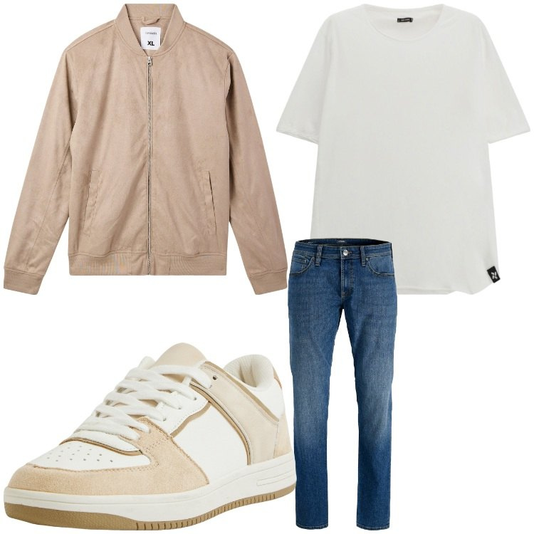 Outfit uomo - Casual beige. Stile Casual per Tutti i giorni. Abbinamento con jeans, sneakers, bomber, t-shirt.
