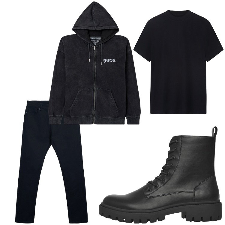 Outfit uomo - Black rock. Stile Biker Rock per Tutti i giorni. Abbinamento con felpe con cappuccio, anfibi, pantaloni skinny, t-shirt.