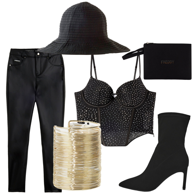 Outfit donna - Spooky Halloween. Stile Sexy per Serata fuori. Abbinamento con cappelli, top, stivali, braccialetti, pantaloni skinny, valigie.
