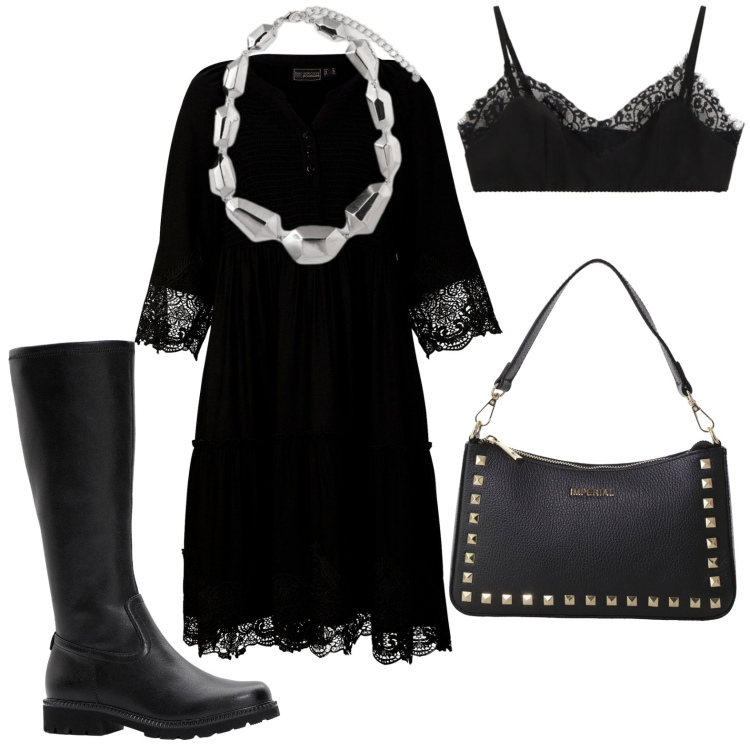 Outfit donna - Spooky Halloween. Stile Trendy per Serata fuori. Abbinamento con vestiti chemisier, stivali, bralette, pochette, ciondoli.