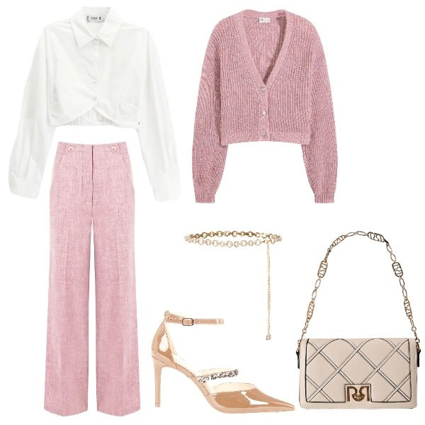 Outfit donna - outfit casual chic. Stile Casual chic per Serata fuori. Abbinamento con cardigans, borse a tracolla, décolleté, cinture, pantaloni, camicie.