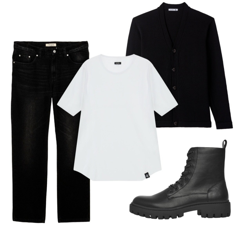 Outfit uomo - Total look #2271483. Stile Trendy per Tutti i giorni. Abbinamento con jeans, anfibi, cardigans, t-shirt.