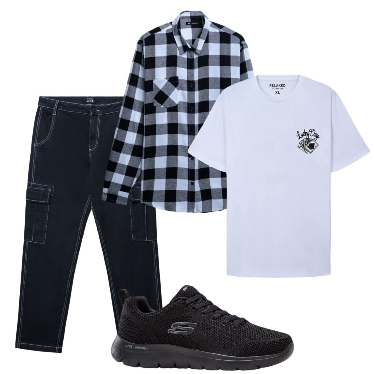 Outfit uomo - Total look #2271485. Stile Trendy per Tutti i giorni. Abbinamento con sneakers, t-shirt, pantaloni cargo, camicie.