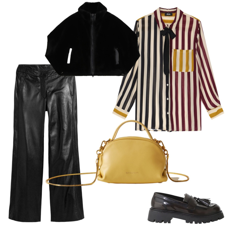 Outfit donna - Senape tra le righe. Stile Casual chic per Tutti i giorni. Abbinamento con pantaloni, camicie, mocassini, blazer, borse a mano.