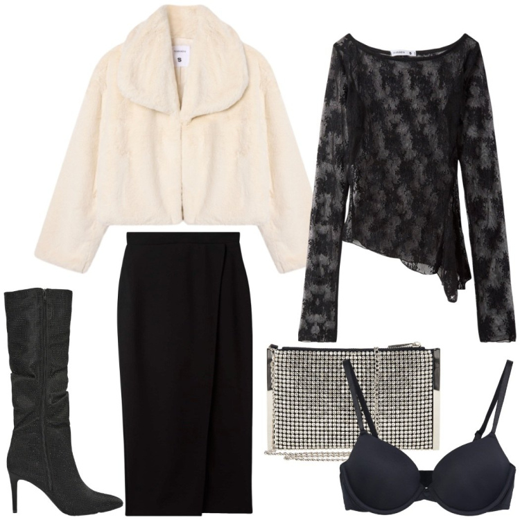 Outfit donna - Serata evento. Stile Glamour per Serata fuori. Abbinamento con maglieria, reggiseni, gonne longuette, stivali, ecopellicce, pochette.