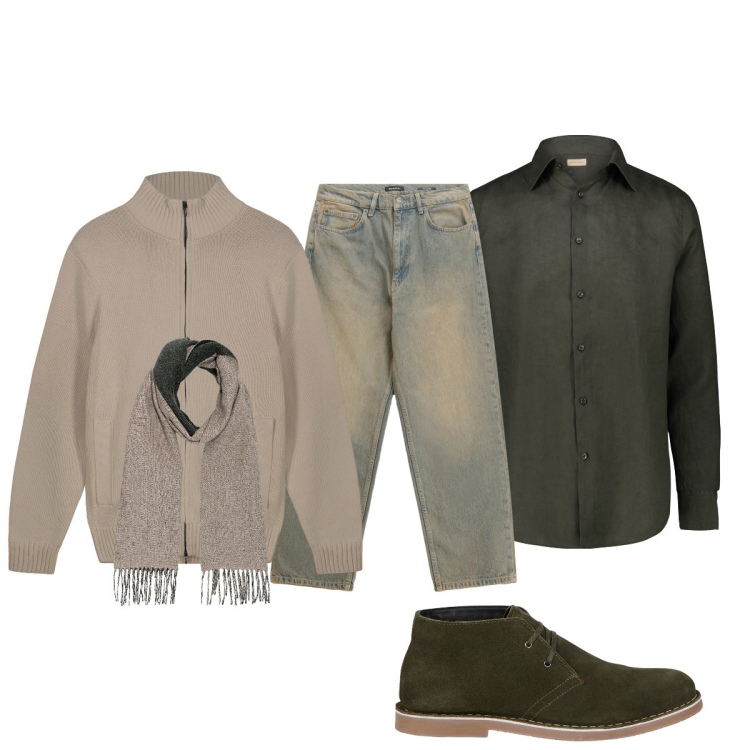 Outfit uomo - Tutto il giorno con Doppelganger. Stile Casual per Tutti i giorni. Abbinamento con jeans, cardigans, camicie, stivali e stivaletti, sciarpe.