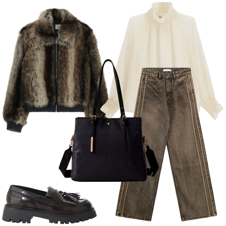 Outfit donna - Frescolino. Stile Trendy per Ufficio. Abbinamento con jeans, blazer, camicie, mocassini, shopping bag.