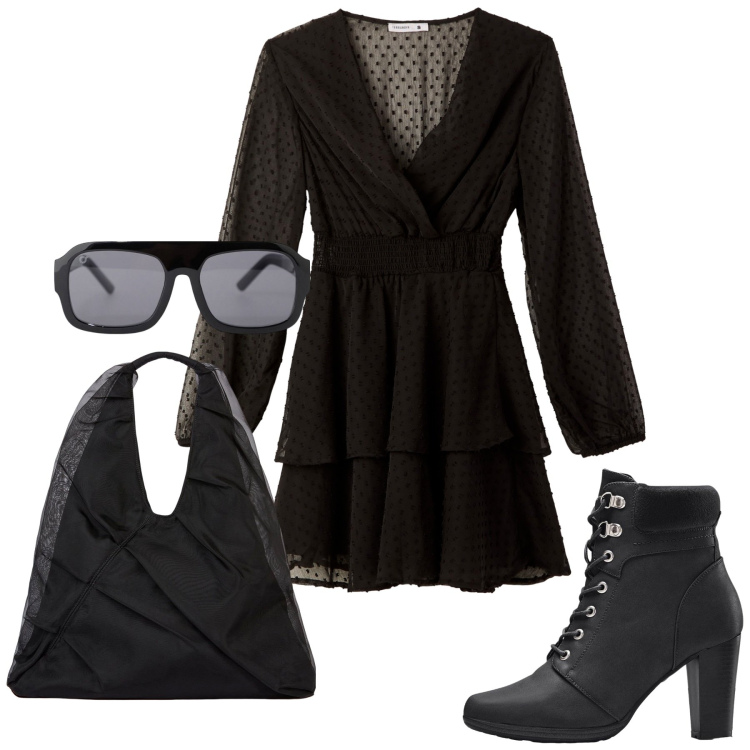 Outfit donna - Oggi vedo tutto nero. Stile Glamour per Tutti i giorni. Abbinamento con stivaletti, vestiti corti, occhiali da sole, shopping bag.