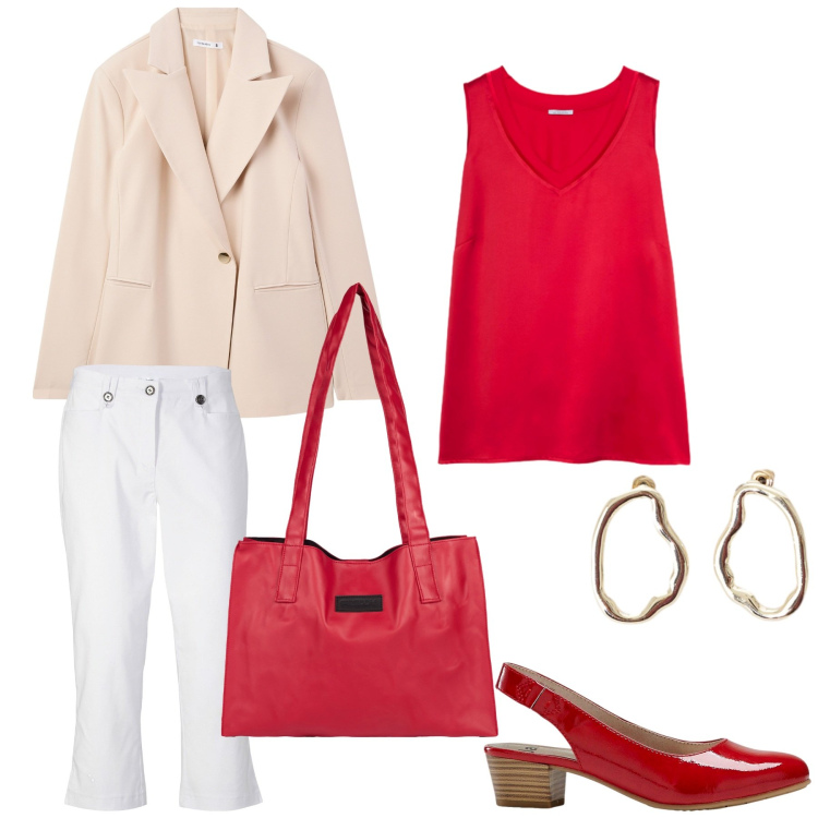 Outfit donna - Rosso passione. Stile Chic per Tutti i giorni. Abbinamento con décolleté, pantaloni capri, blazer, orecchini, shopping bag, top.