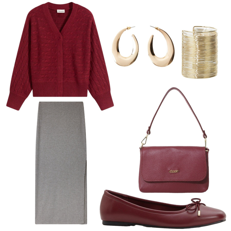 Outfit donna - Bordeaux con passione. Stile Chic per Tutti i giorni. Abbinamento con orecchini, ballerine, cardigans, gonne lunghe, borse a tracolla, braccialetti.