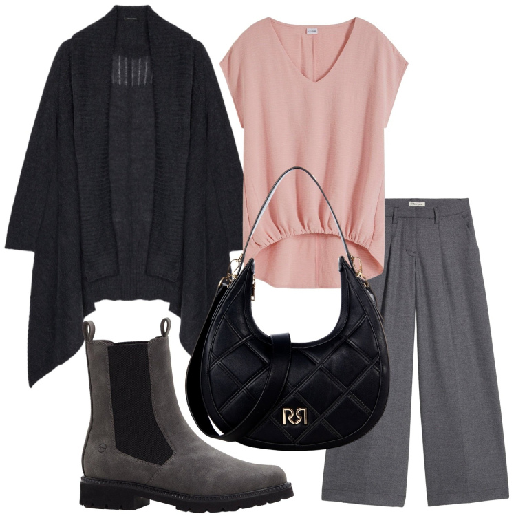 Outfit donna - Mi metto il cardigan. Stile Glamour per Ufficio. Abbinamento con top, pantaloni, stivaletti chelsea, borse a tracolla, cardigans.