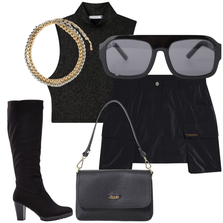 Outfit donna - Total look. Stile Urban per Ufficio. Abbinamento con stivali, top, borse a tracolla, occhiali da sole, minigonne, collane.
