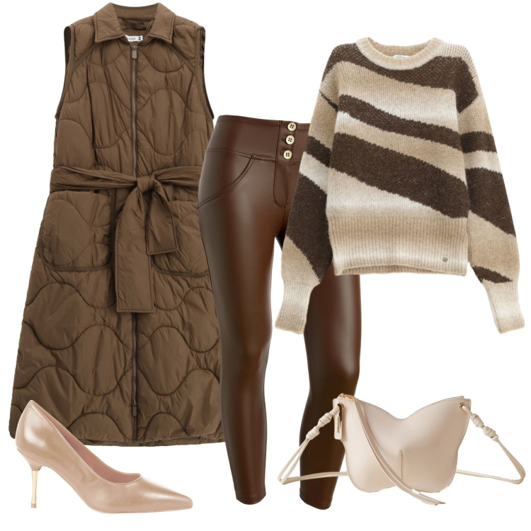 Outfit donna - Variegato al cioccolato. Stile Casual chic per Tutti i giorni. Abbinamento con pullovers, blazer, borse a tracolla, décolleté, pantaloni skinny.