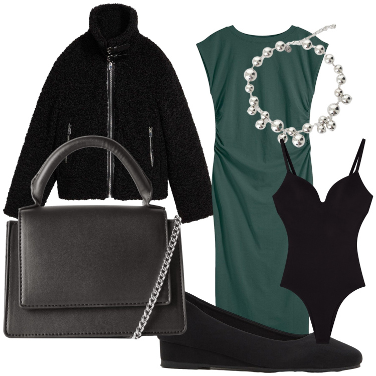 Outfit donna - Subito in riunione. Stile Urban per Ufficio. Abbinamento con décolleté, vestiti, ecopellicce, borse a tracolla, body, collane.