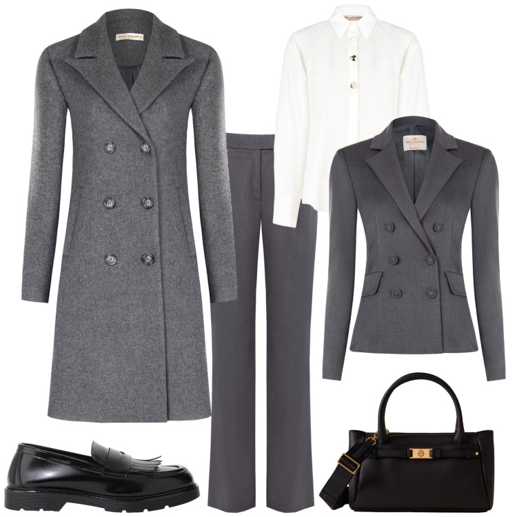 Outfit donna - Minimal per l ufficio. Stile Minimal per Ufficio. Abbinamento con mocassini, borse a mano, camicie, blazer, pantaloni, cappotti.