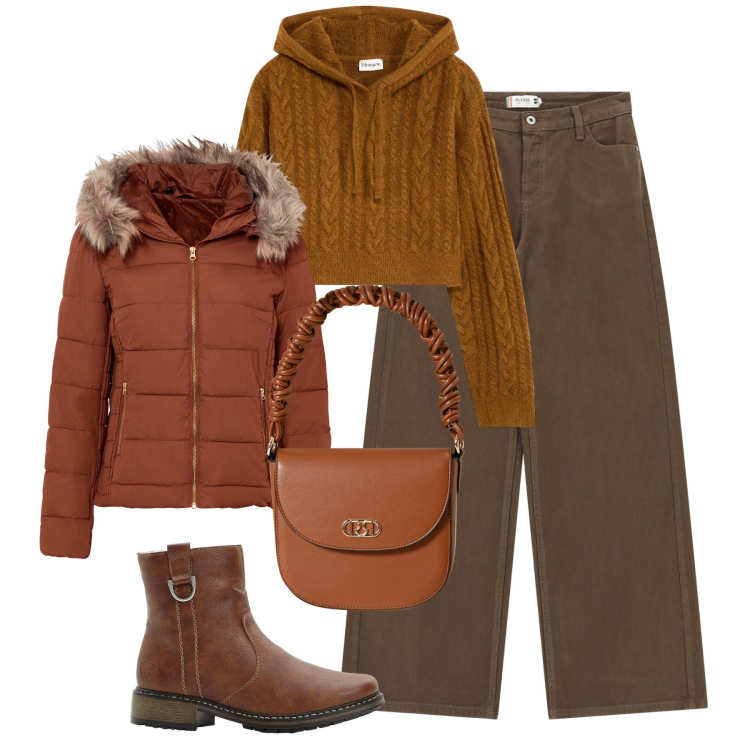 Outfit donna - Doppio cappuccio. Stile Casual per Tutti i giorni. Abbinamento con giacche, stivaletti, maglieria, pantaloni a palazzo, borse a mano.