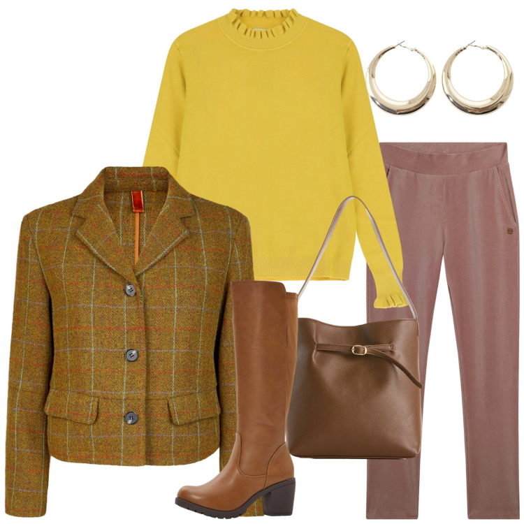 Outfit donna - Un tocco di senape. Stile Minimal per Tutti i giorni. Abbinamento con stivali, borse a mano, maglieria, orecchini, pantaloni, blazer.