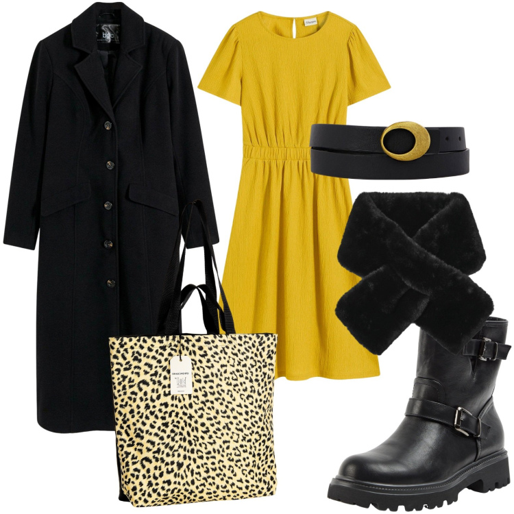 Outfit donna - Un tocco di senape. Stile Minimal per Tutti i giorni. Abbinamento con vestiti, cappotti, stivaletti, sciarpe, borse tote, cinture.