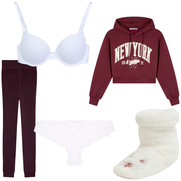 Outfit donna - Serata relax Netflix. Stile Basic per Tutti i giorni. Abbinamento con pantofole, culotte, felpe con cappuccio, leggings, reggiseni.