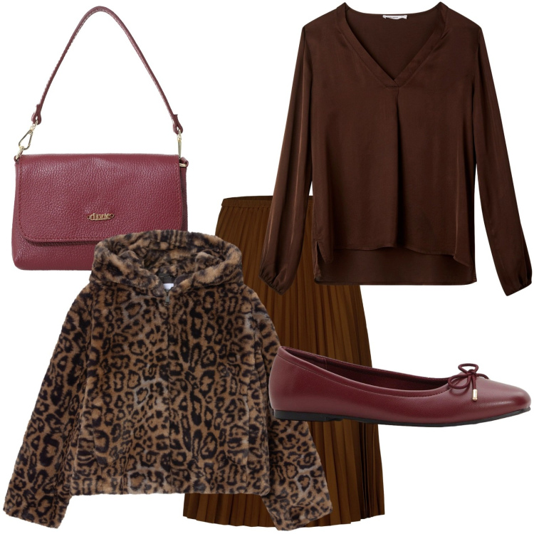 Outfit donna - W il cioccolato 70%. Stile Bon Ton per Ufficio. Abbinamento con ballerine, bluse, ecopellicce, borse a tracolla, gonne longuette.